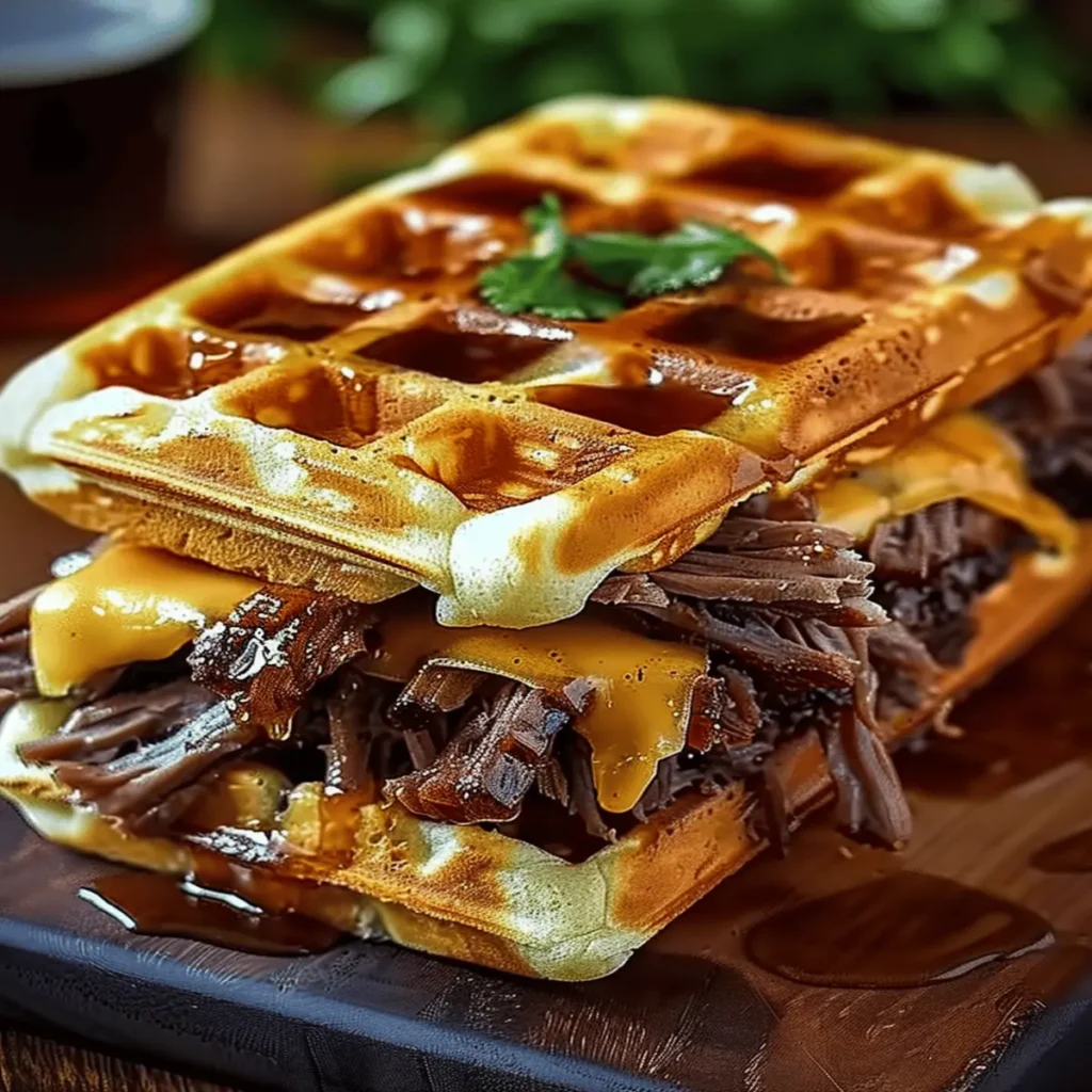 Bourbon-Maple Brisket Grilled Cheese Waffle Sandwich