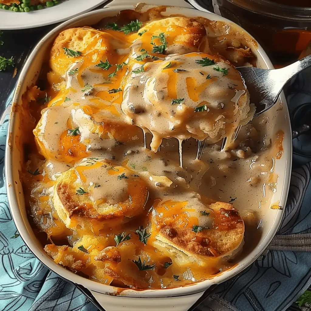 Cheesy Biscuits & Gravy Hashbrown Casserole