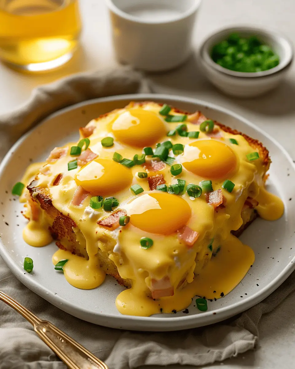 Eggs Benedict Casserole with Turkey Bacon and Chicken Ham Delight