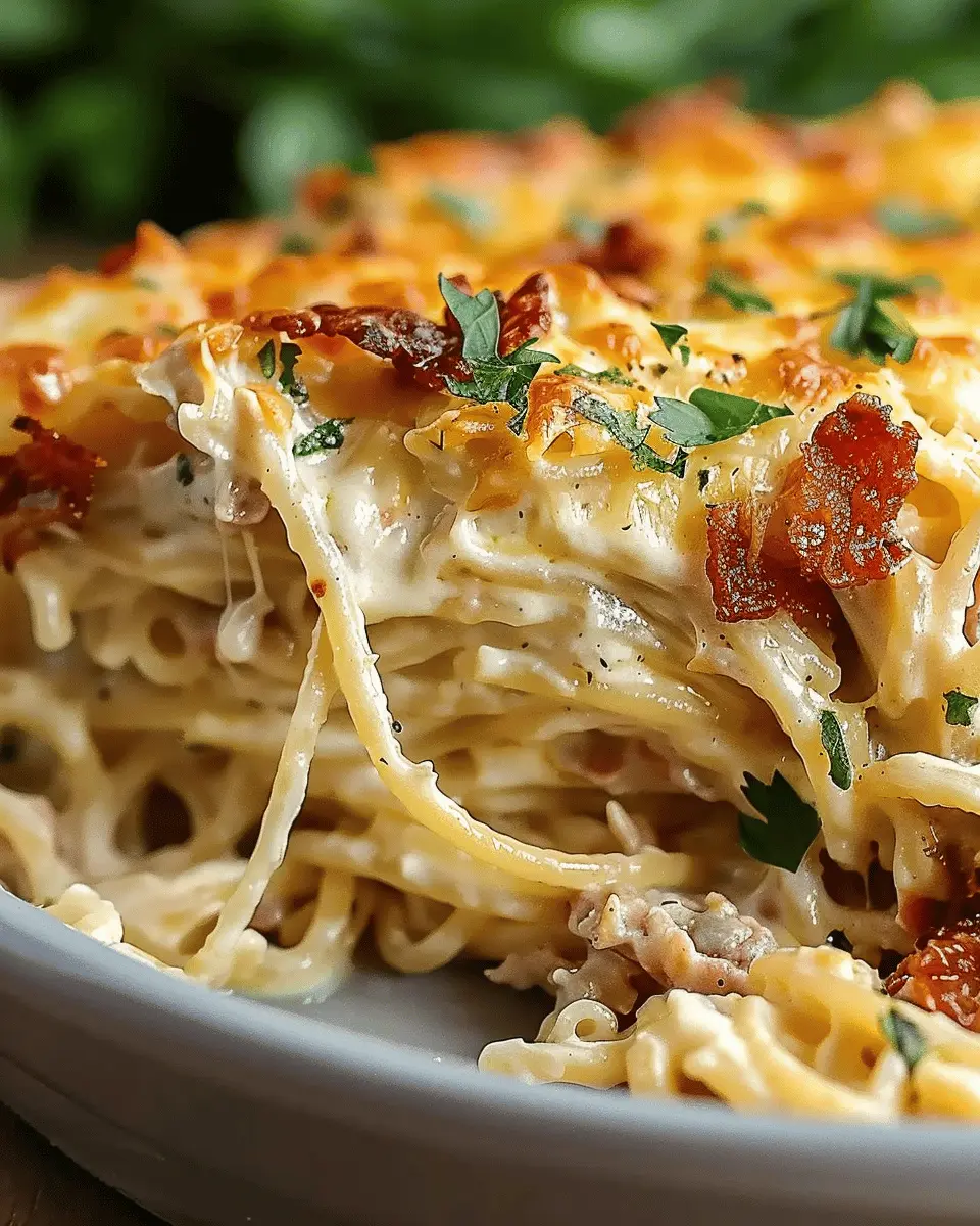 Creamy Southern Spaghetti Bake with Turkey Bacon and Chicken Ham