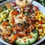 Grilled Shrimp Bowl with Avocado, Corn Salsa & Creamy Garlic Sauce