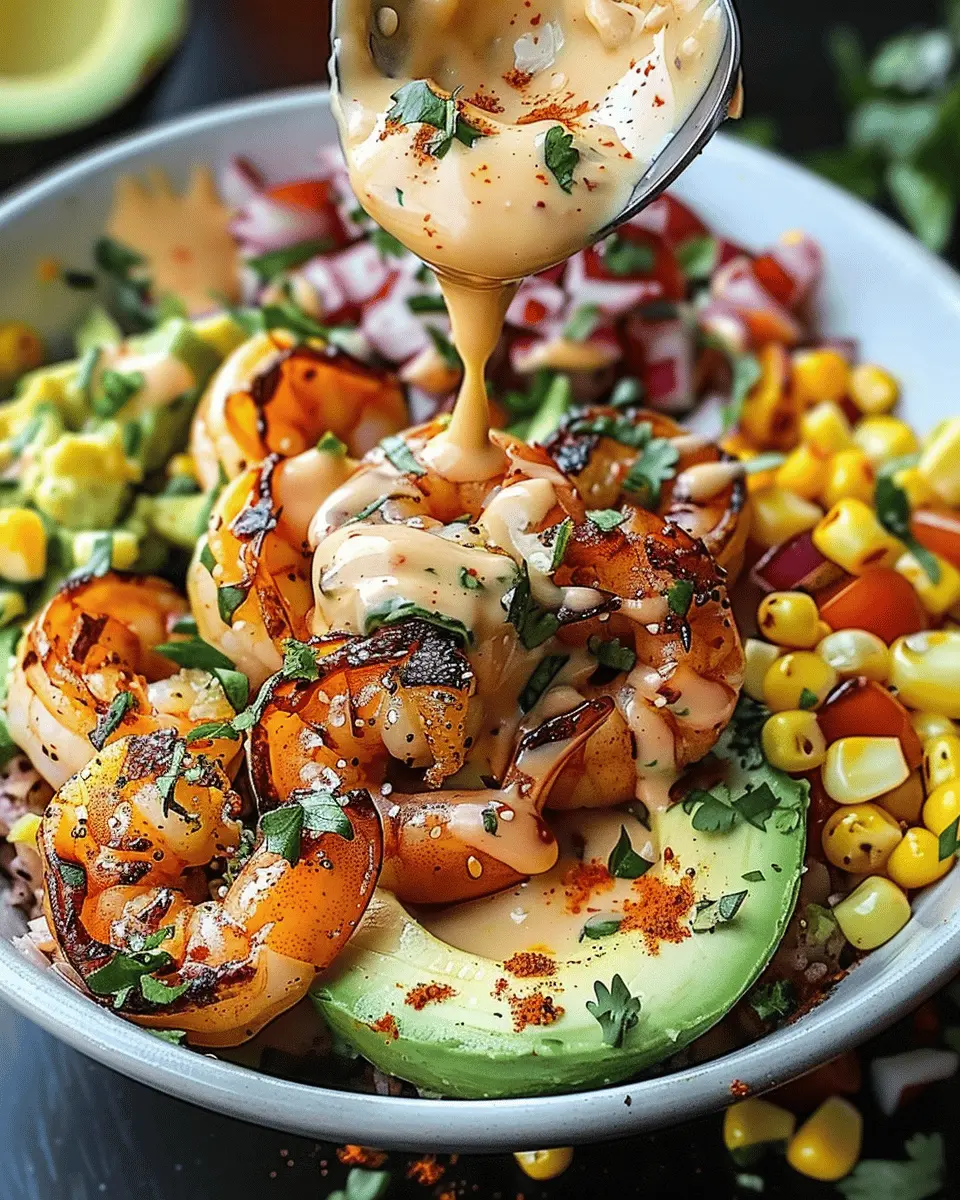Grilled Shrimp Bowl: Easy Avocado, Corn Salsa & Creamy Garlic Sauce