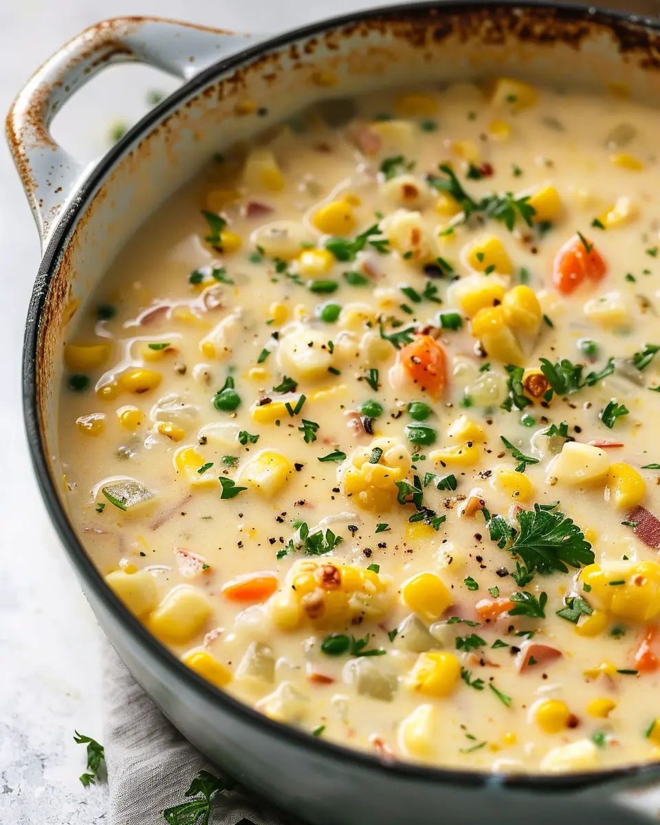 Creamy Corn Chowder with Turkey Bacon and Chicken Ham Delight
